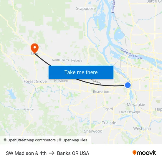 SW Madison & 4th to Banks OR USA map
