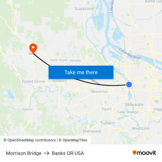 Morrison Bridge to Banks OR USA map