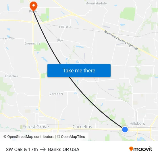 SW Oak & 17th to Banks OR USA map