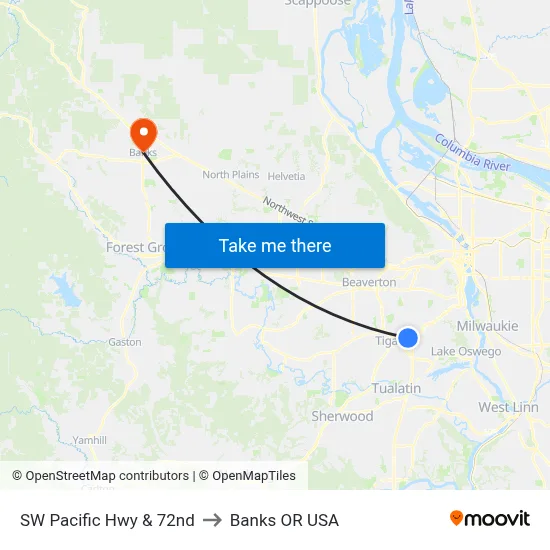 SW Pacific Hwy & 72nd to Banks OR USA map