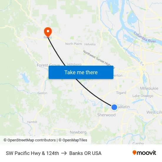 SW Pacific Hwy & 124th to Banks OR USA map