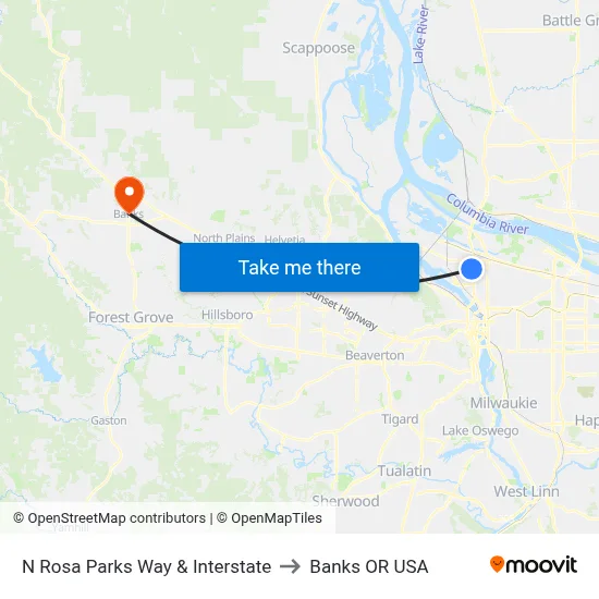 N Rosa Parks Way & Interstate to Banks OR USA map