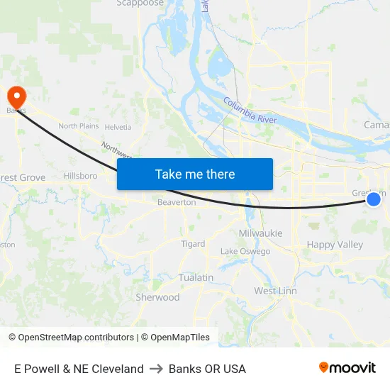 E Powell & NE Cleveland to Banks OR USA map
