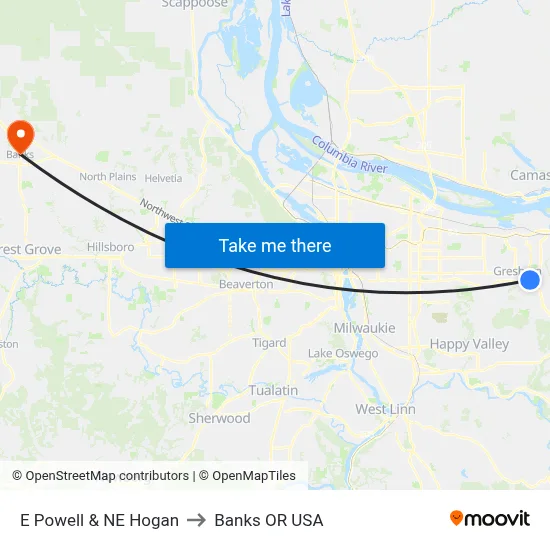 E Powell & NE Hogan to Banks OR USA map