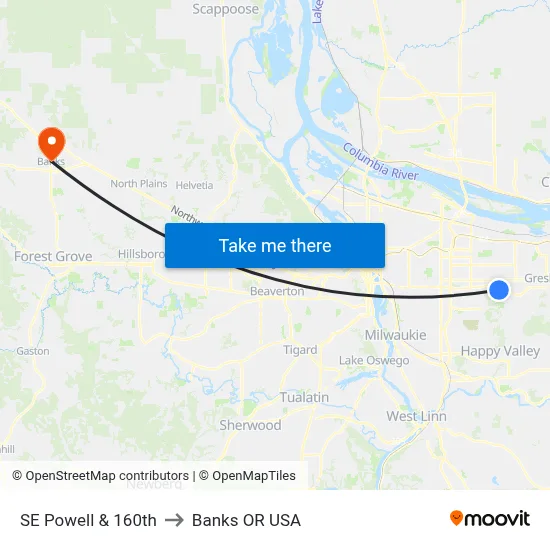 SE Powell & 160th to Banks OR USA map