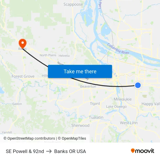 SE Powell & 92nd to Banks OR USA map