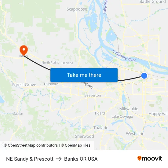 NE Sandy & Prescott to Banks OR USA map