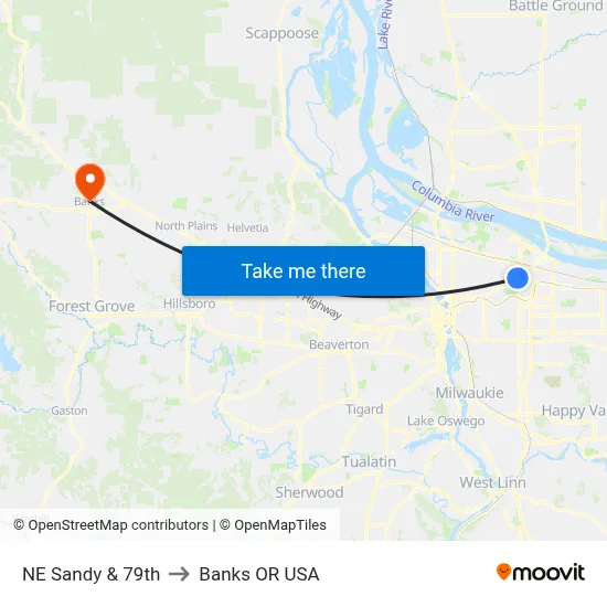 NE Sandy & 79th to Banks OR USA map