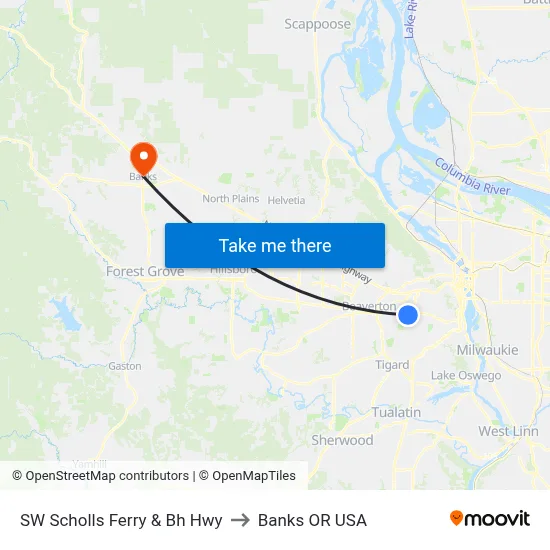 SW Scholls Ferry & Bh Hwy to Banks OR USA map