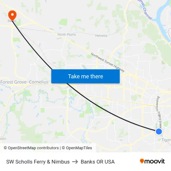 SW Scholls Ferry & Nimbus to Banks OR USA map