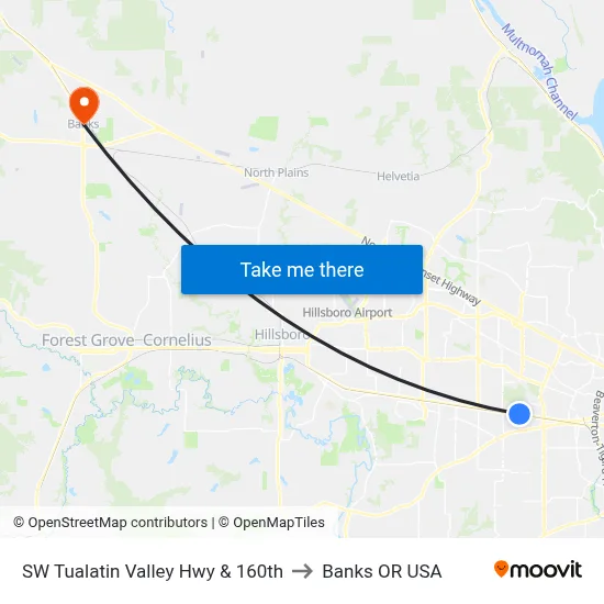 SW Tualatin Valley Hwy & 160th to Banks OR USA map