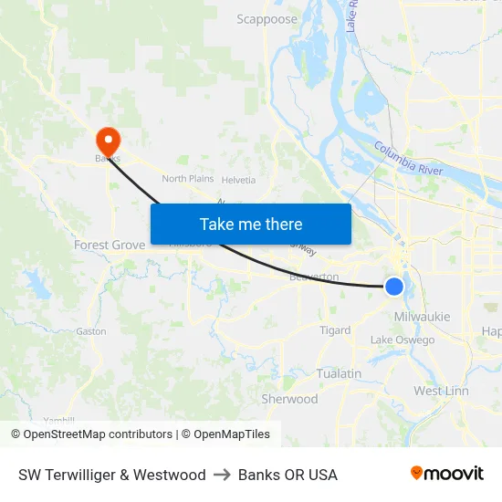 SW Terwilliger & Westwood to Banks OR USA map