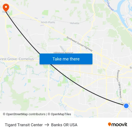 Tigard Transit Center to Banks OR USA map
