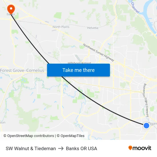 SW Walnut & Tiedeman to Banks OR USA map