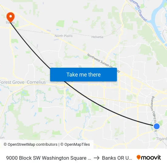 9000 Block SW Washington Square Rd to Banks OR USA map