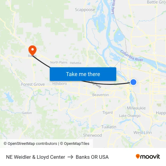 NE Weidler & Lloyd Center to Banks OR USA map