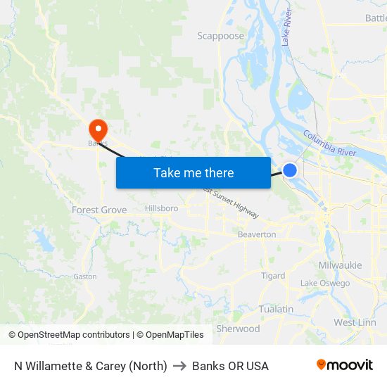 N Willamette & Carey (North) to Banks OR USA map