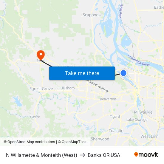 N Willamette & Monteith (West) to Banks OR USA map