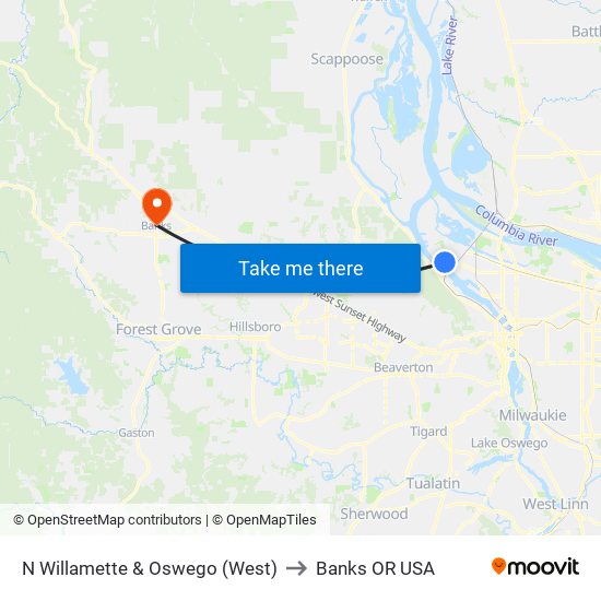 N Willamette & Oswego (West) to Banks OR USA map