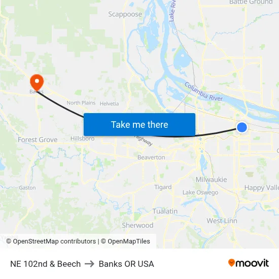 NE 102nd & Beech to Banks OR USA map