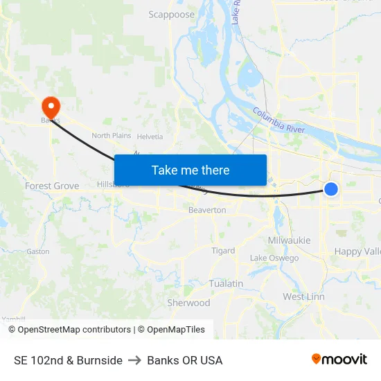 SE 102nd & Burnside to Banks OR USA map