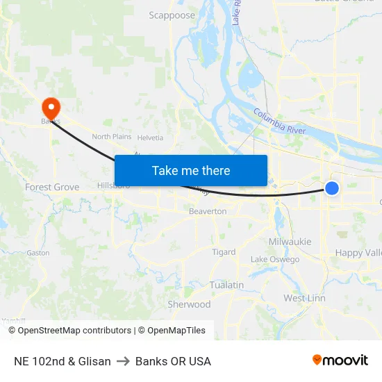 NE 102nd & Glisan to Banks OR USA map
