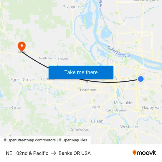 NE 102nd & Pacific to Banks OR USA map