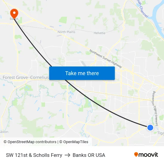 SW 121st & Scholls Ferry to Banks OR USA map