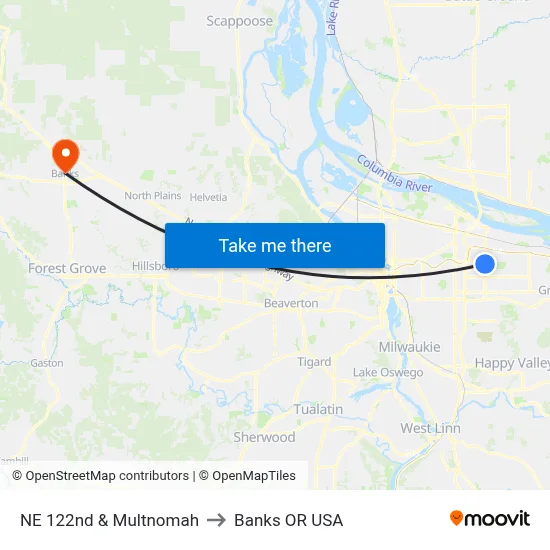 NE 122nd & Multnomah to Banks OR USA map