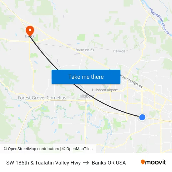 SW 185th & Tualatin Valley Hwy to Banks OR USA map