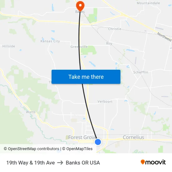 19th Way & 19th Ave to Banks OR USA map