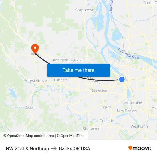 NW 21st & Northrup to Banks OR USA map