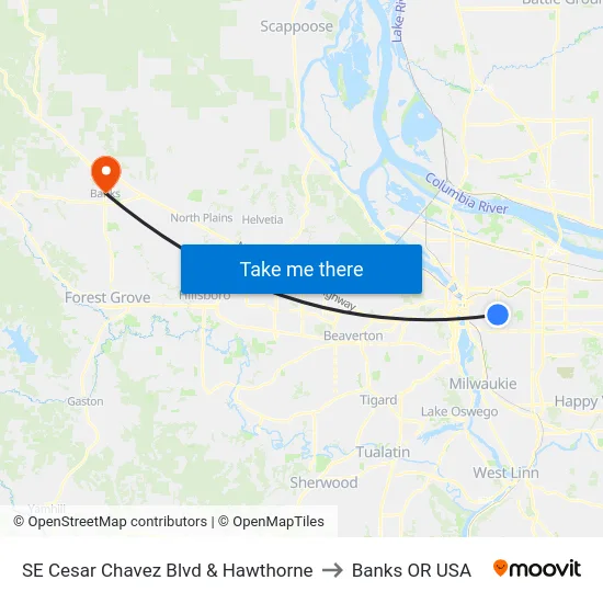 SE Cesar Chavez Blvd & Hawthorne to Banks OR USA map