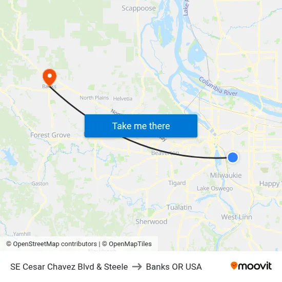 SE Cesar Chavez Blvd & Steele to Banks OR USA map