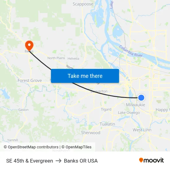 SE 45th & Evergreen to Banks OR USA map