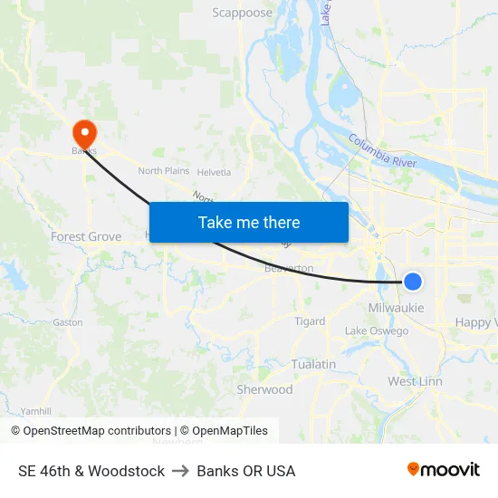 SE 46th & Woodstock to Banks OR USA map