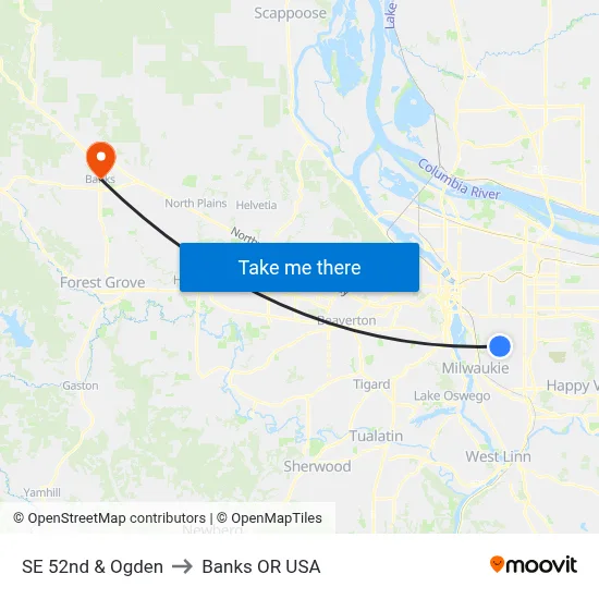 SE 52nd & Ogden to Banks OR USA map