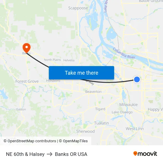 NE 60th & Halsey to Banks OR USA map