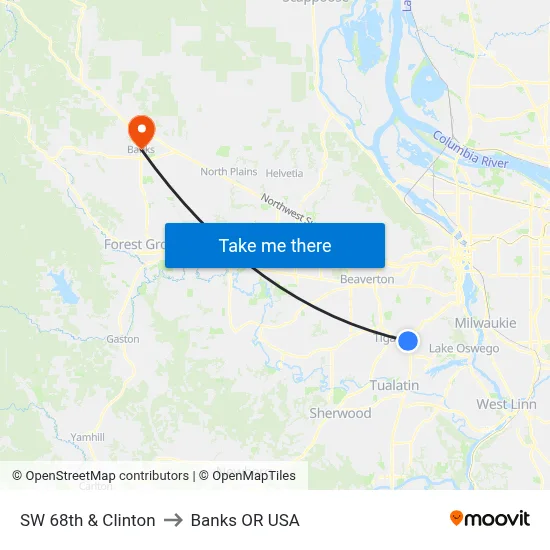 SW 68th & Clinton to Banks OR USA map
