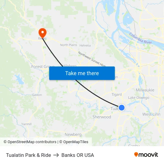 Tualatin Park & Ride to Banks OR USA map