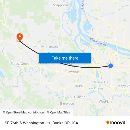 SE 76th & Washington to Banks OR USA map