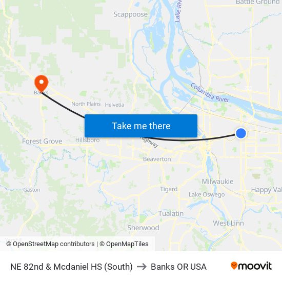 NE 82nd & Mcdaniel HS (South) to Banks OR USA map