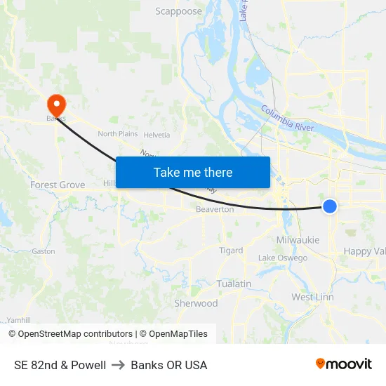 SE 82nd & Powell to Banks OR USA map