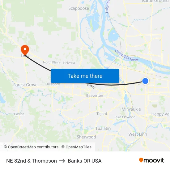 NE 82nd & Thompson to Banks OR USA map