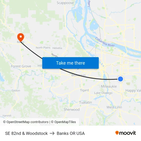 SE 82nd & Woodstock to Banks OR USA map