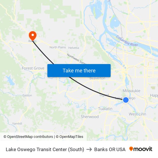 Lake Oswego Transit Center (South) to Banks OR USA map