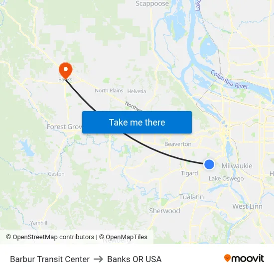 Barbur Transit Center to Banks OR USA map