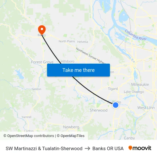 SW Martinazzi & Tualatin-Sherwood to Banks OR USA map