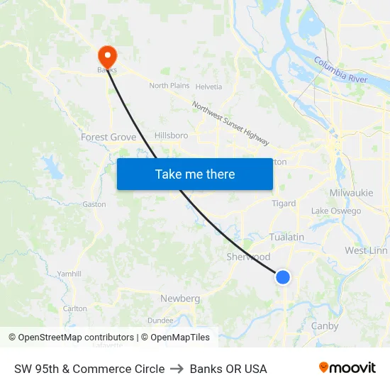 SW 95th & Commerce Circle to Banks OR USA map