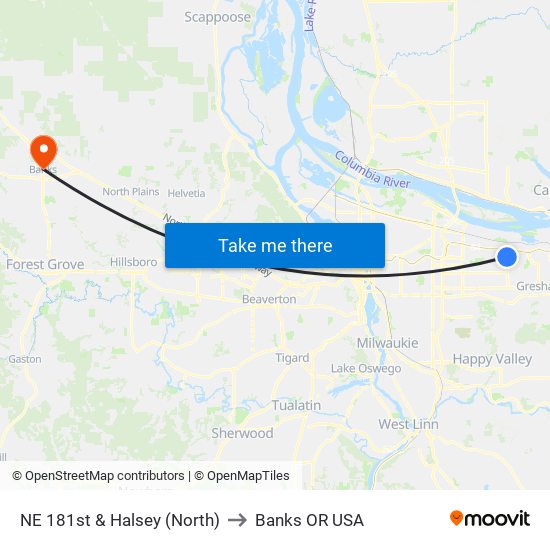 NE 181st & Halsey (North) to Banks OR USA map
